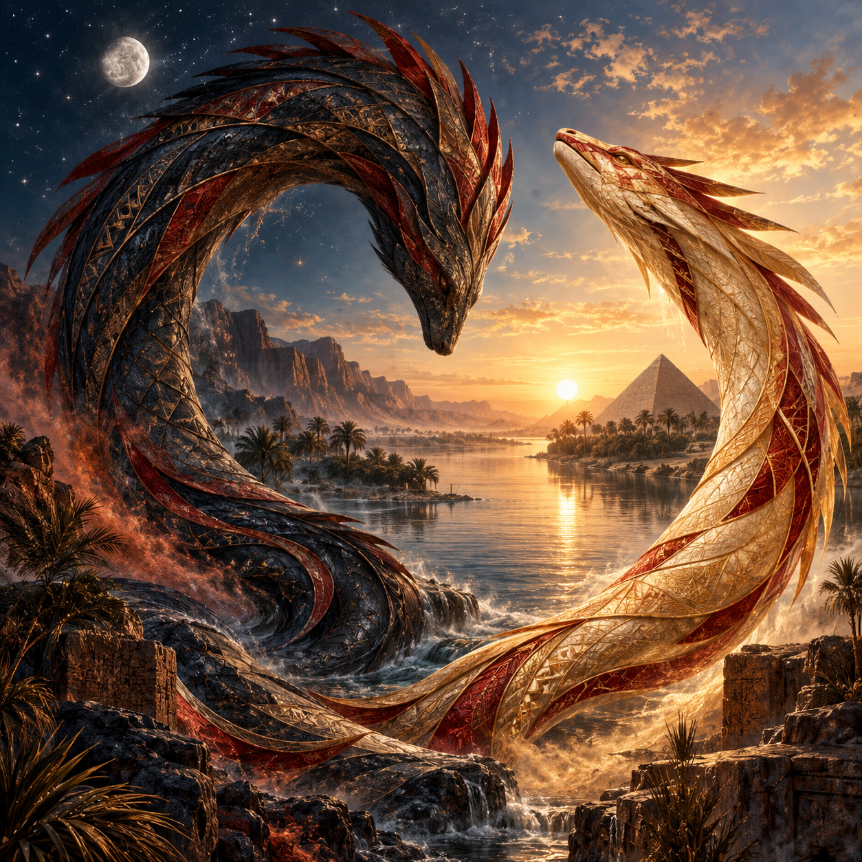 Original ceremonial illustration of a dark red and charcoal dragon-like spirit descending on the left and a gold and red dragon-like spirit rising on the right above a river, with a pyramid on the right bank
