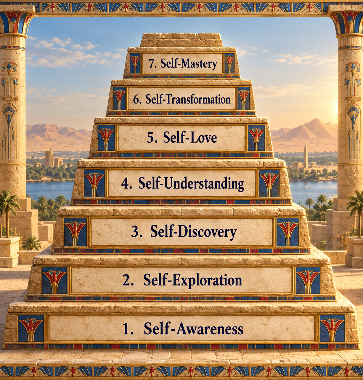 Seven-tier Egyptian-style step pyramid showing the stages of growth from Self-Awareness to Self-Mastery