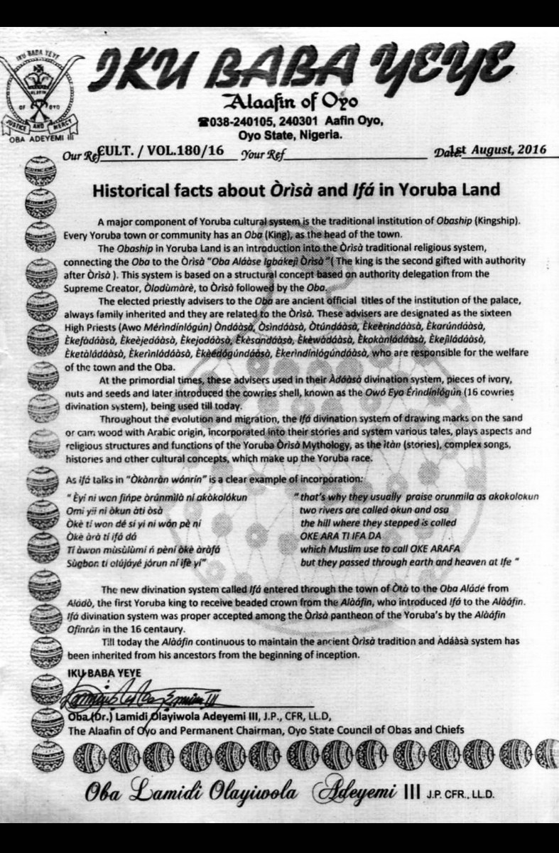 Alaafin of Oyo document titled Historical facts about Orisa and Ifa in Yoruba Land.