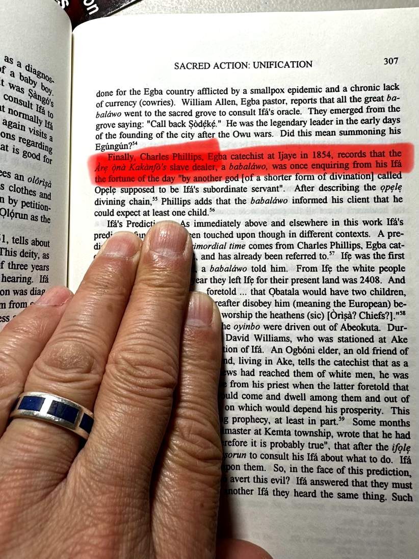 Book page excerpt mentioning an Egba catechist report of a slave dealer consulting Ifa through another god.
