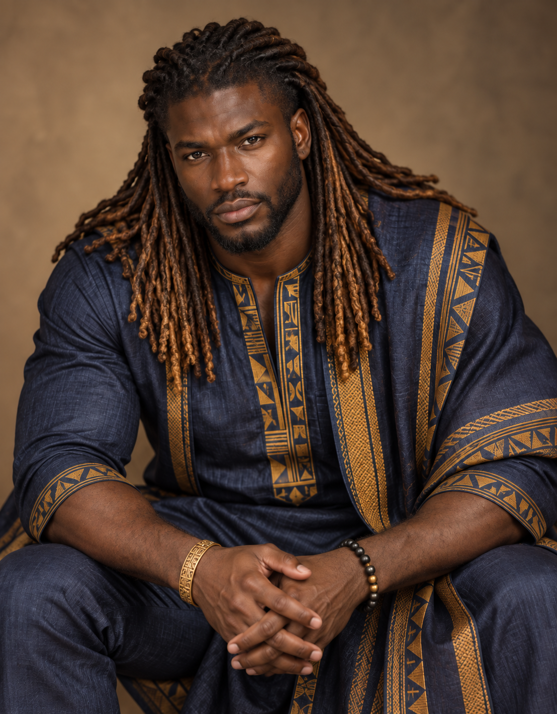 Fictional modern African man in indigo and gold formalwear with a long loc hairstyle radiating around his head and shoulders