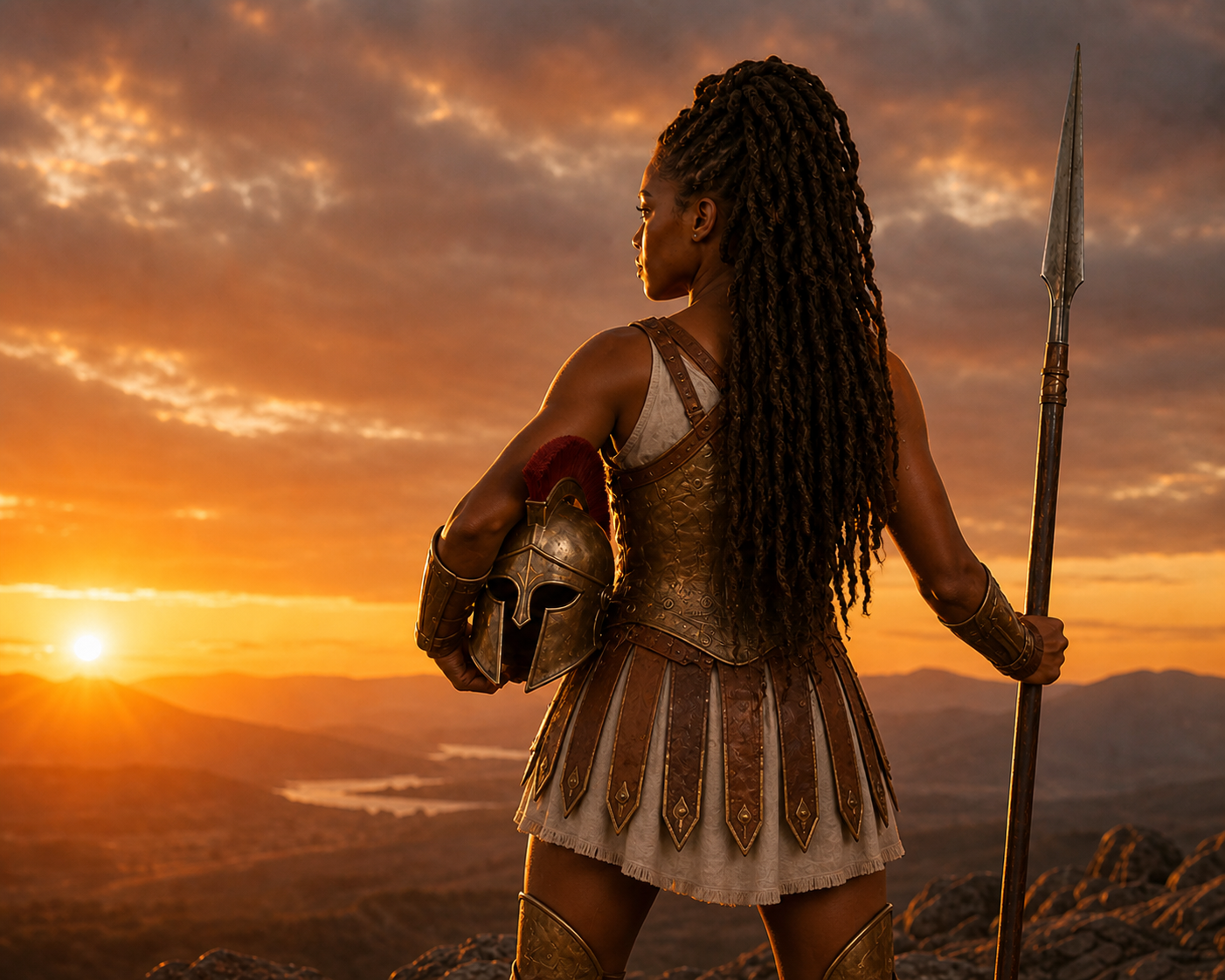 Myrina the Successor in Anatolia, a daughter of the Libyan Amazon line, looking westward toward the sunset with spear and Greek helmet.