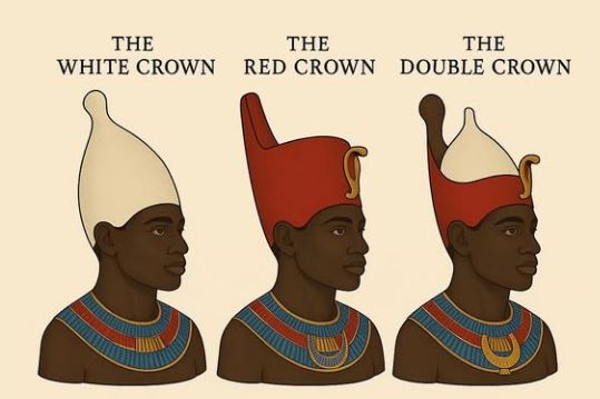 Illustration of the white crown, red crown, and combined double crown of ancient Kemet