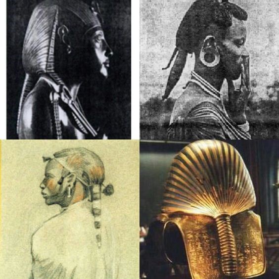 Four-panel comparison of Kemetic royal head forms, African hair styling, and a Nemes crown