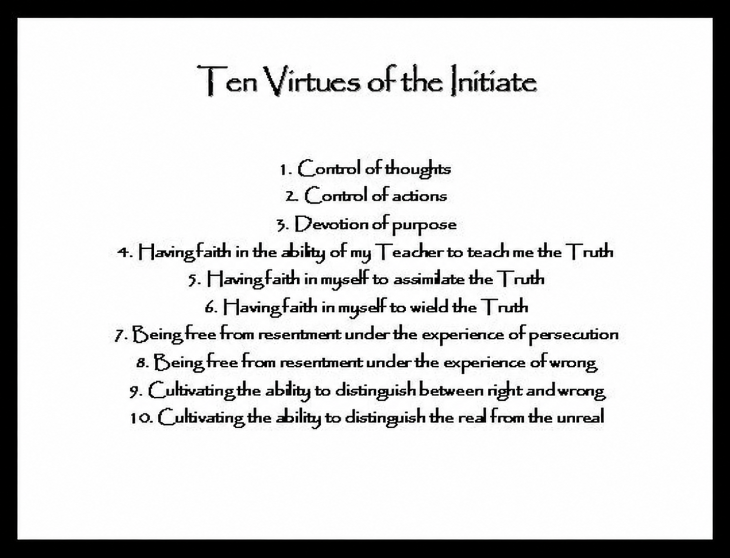 The Ten Virtues of the Initiate listed as a guide for thought, action, truth, resilience, learning, and Maatic readiness