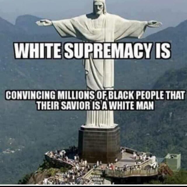 Christ the Redeemer statue at Mount Corcovado with commentary on white Jesus imagery