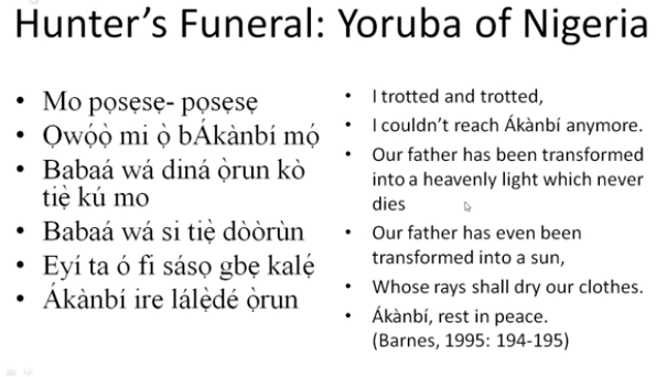 Yoruba hunter funeral teaching slide describing transformation into heavenly light