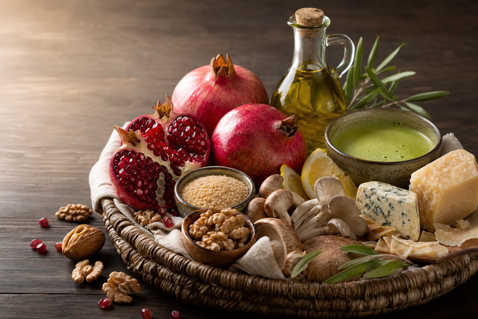 Autophagy Food Support Protocol - pomegranate, walnuts, olive oil, matcha, wheat germ, mushrooms, and aged cheese basket