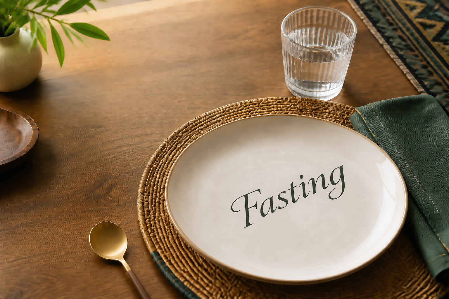 Empty plate, water, and quiet table setting for Wednesday fasting practice