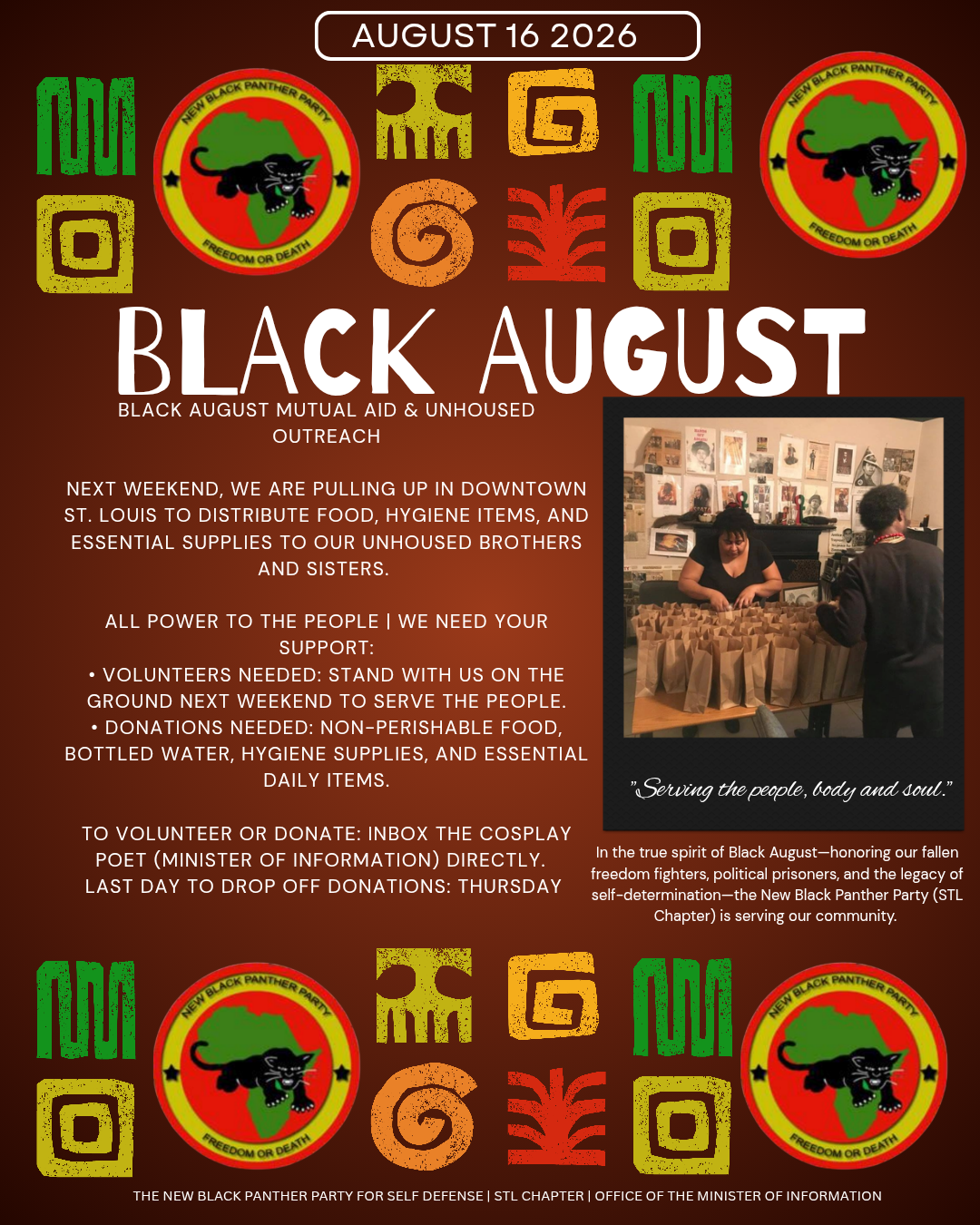 Black August 2026 mutual aid and unhoused outreach flyer for St. Louis