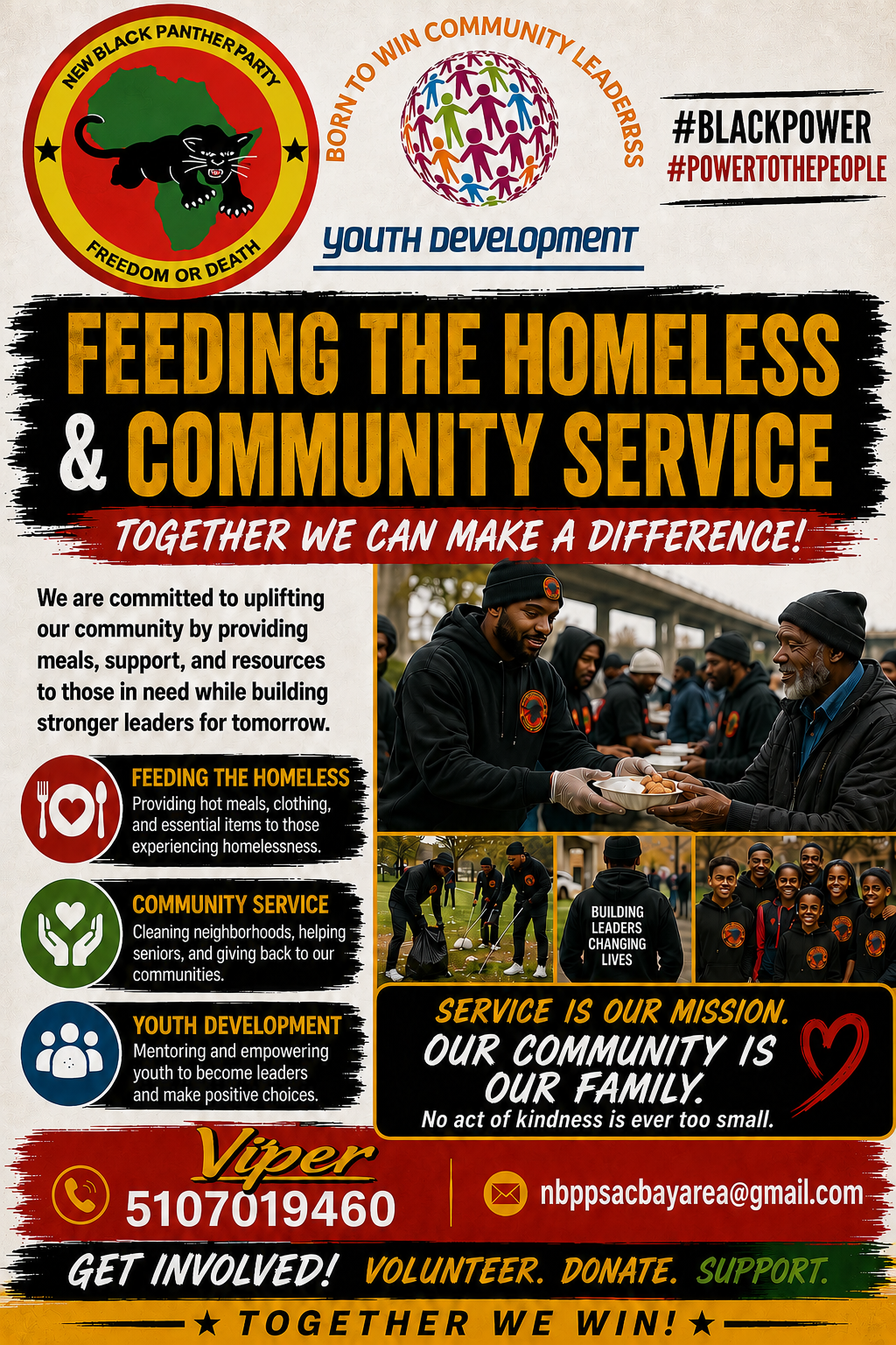 Feeding the homeless and community service flyer with New Black Panther Party imagery