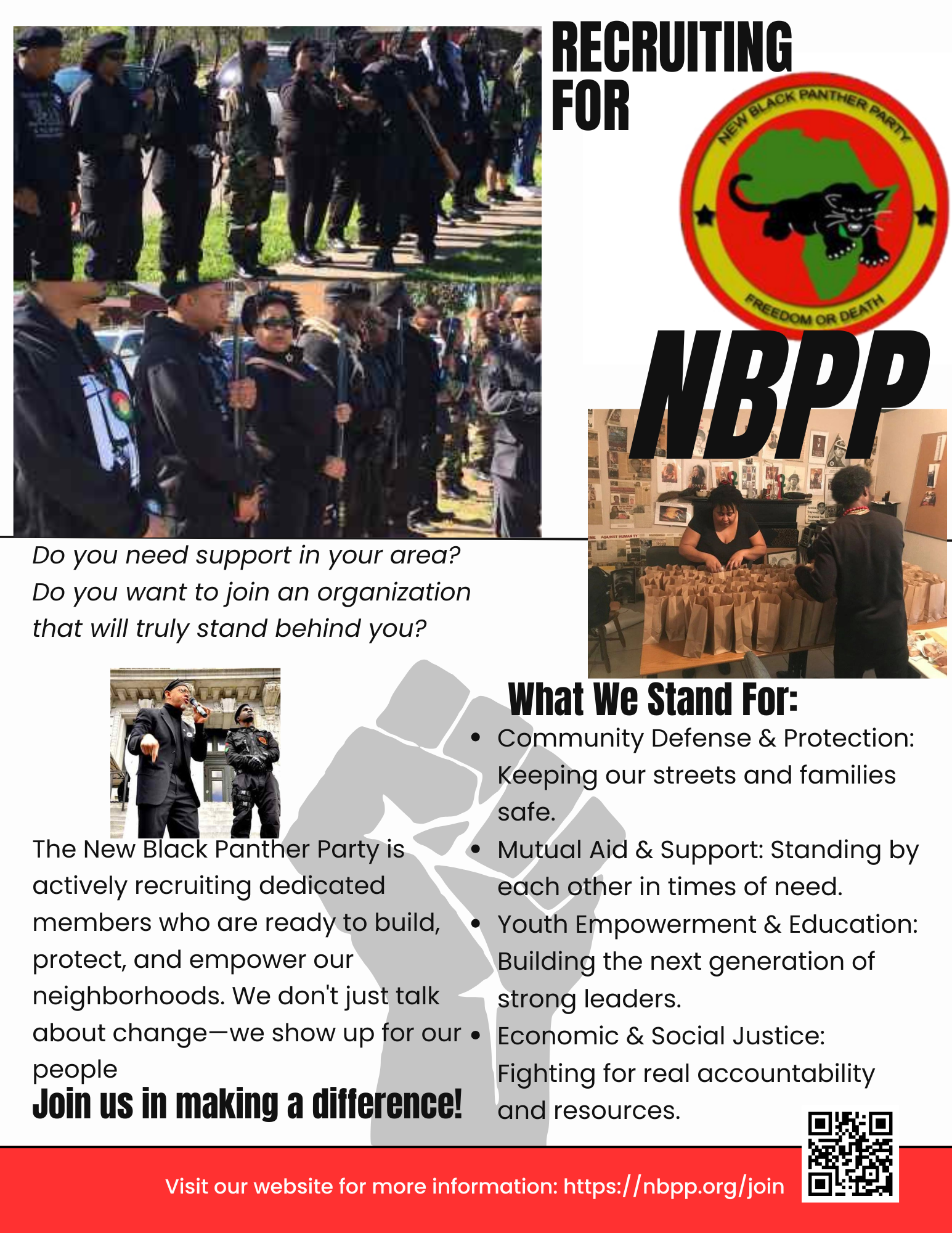 New Black Panther Party recruiting flyer about community defense and mutual aid