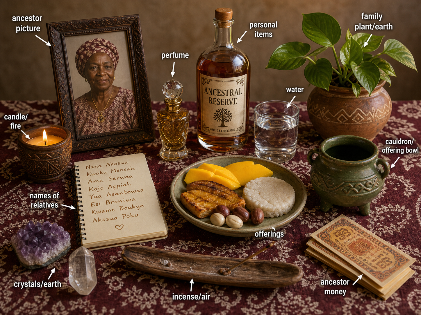Annotated ancestral altar setup with ancestor portrait, candle, water, plant, offerings, incense, crystals, cauldron, and written ancestor names
