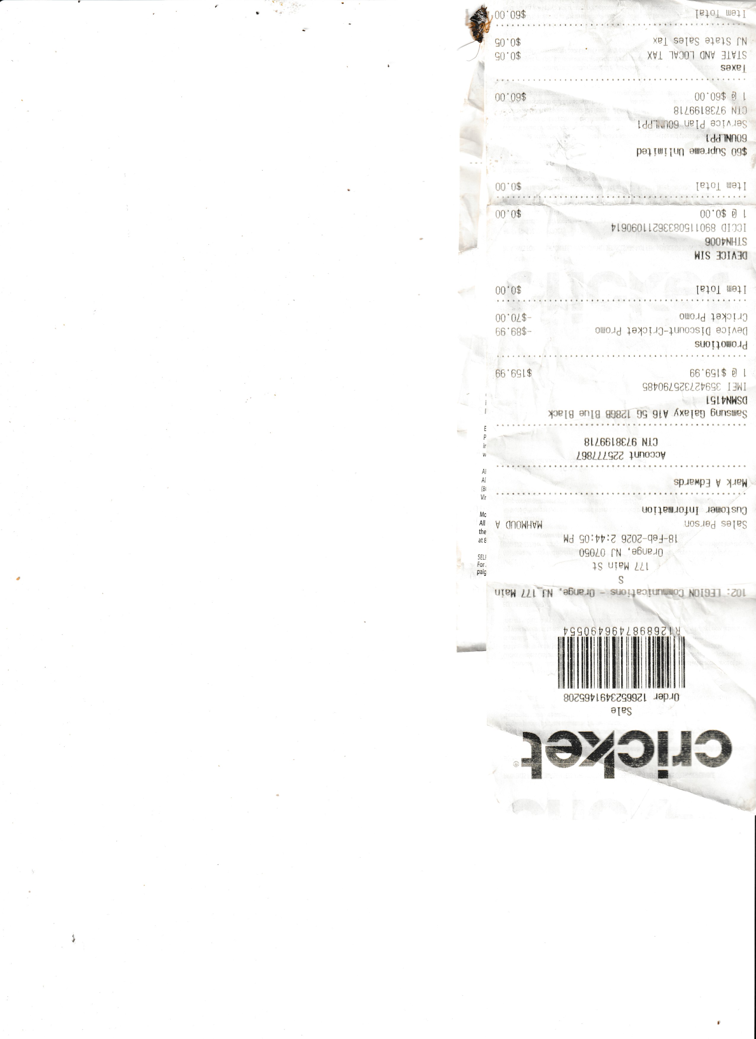 Cricket Wireless receipt excerpt showing device, plan, promotion, date, and retailer details