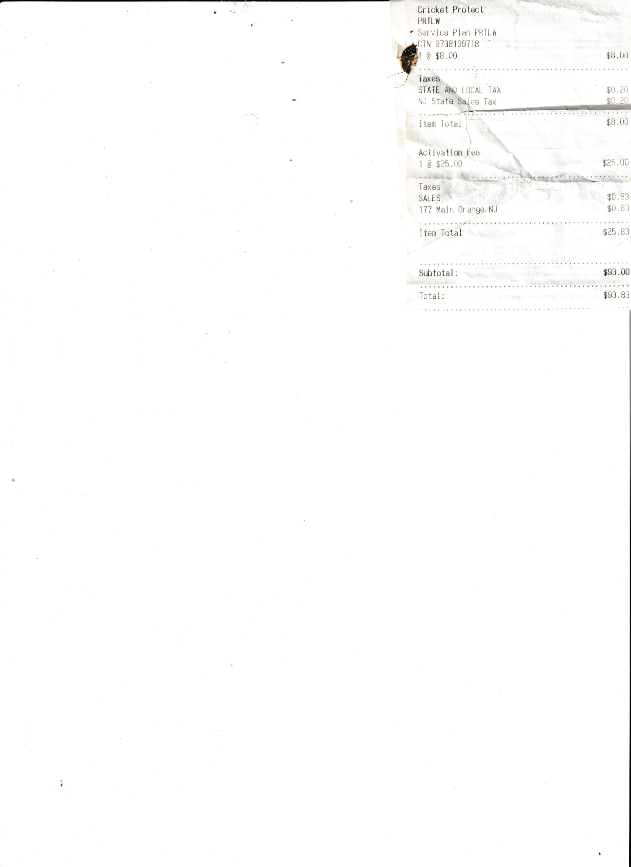 Cricket Wireless receipt excerpt showing Cricket Protect, activation fee, taxes, subtotal, and total