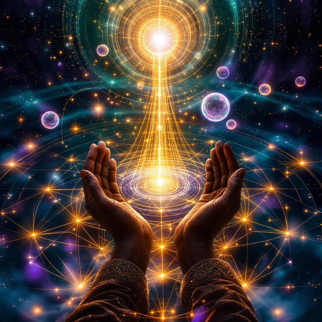 Black cosmic hands holding a field of stars