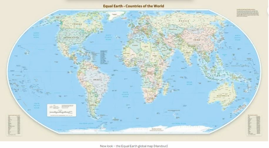 Equal Earth world map projection showing Africa at a more accurate scale compared with Europe and the United States.