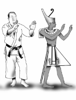 A martial artist and a Kemetic figure shown in comparable upright guard postures
