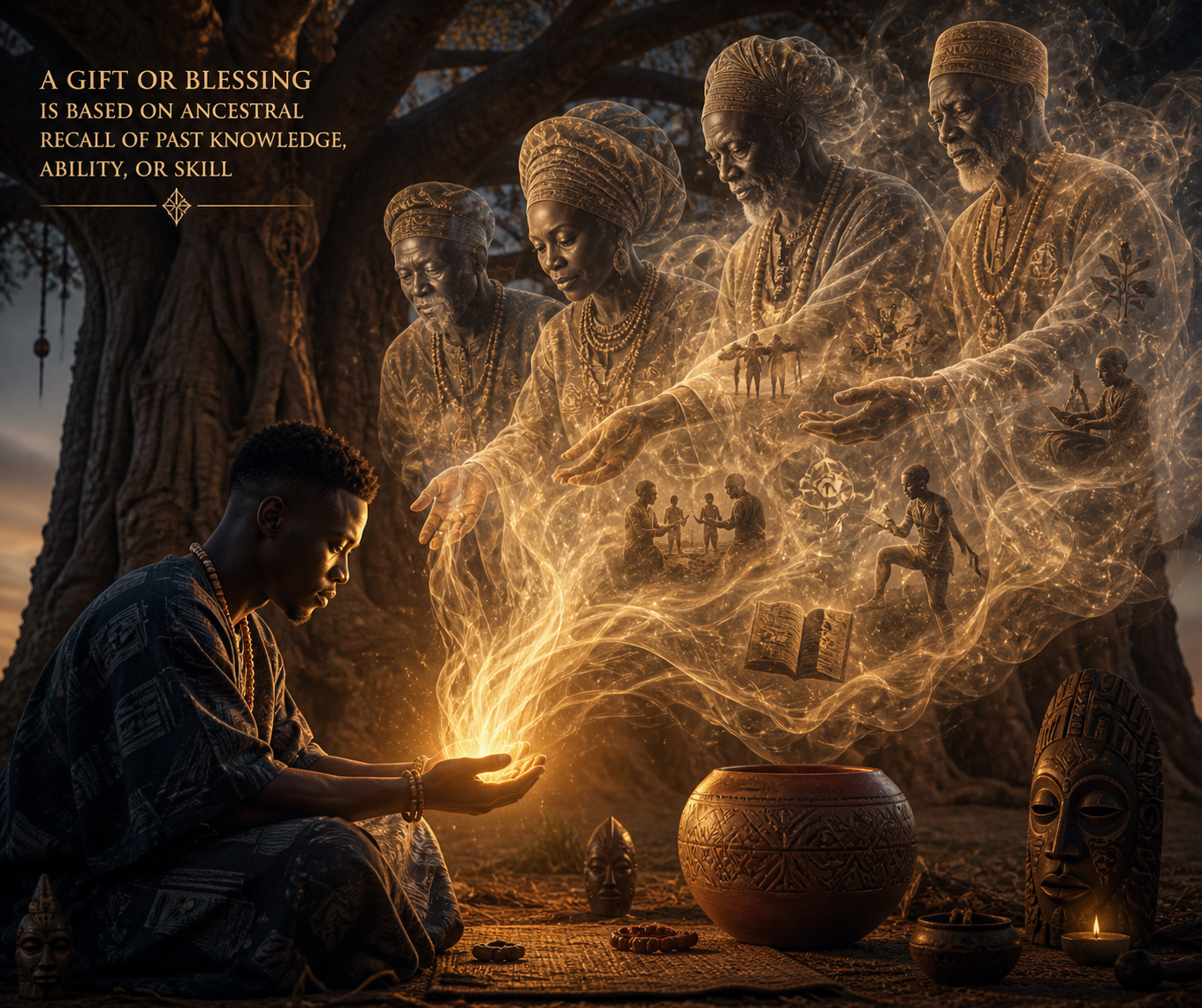 Ancestral boon activation with ancestral figures blessing a seeker through remembered gifts