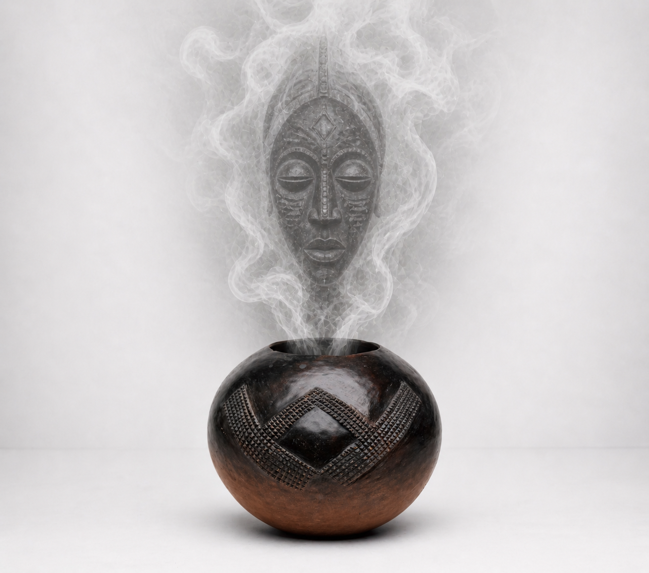 Ancestral pot with smoke and ancestral mask presence for shrine work