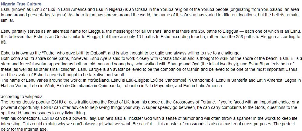 Reference image discussing Eshu, Elegba, Exu, and the many paths of the crossroads force